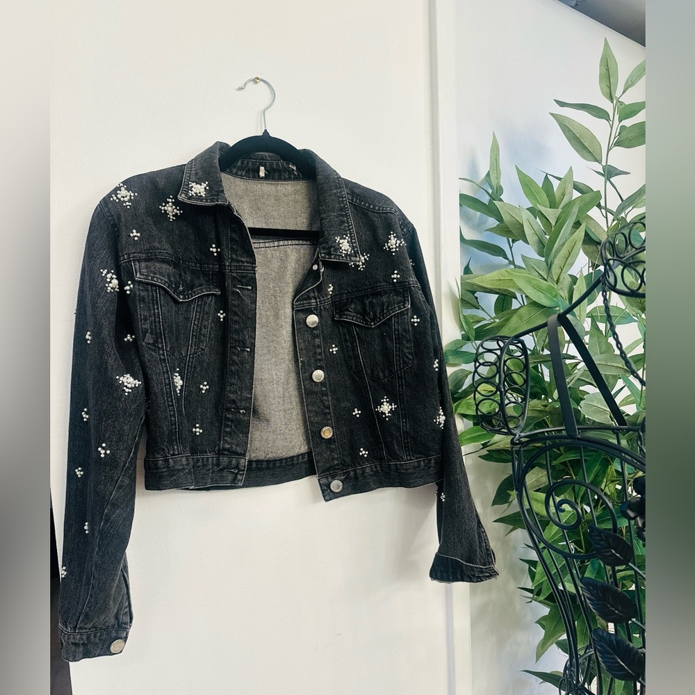 Romeo & Juliet Couture Black Jean Jacket with White Embellishments